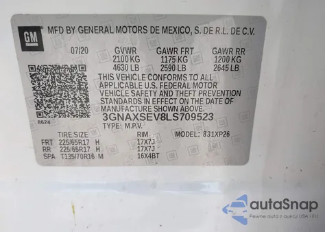 2020 Chevrolet Equinox Awd Ls z USA, uszkodzony, nr VIN 3GNAXSEV8LS709523